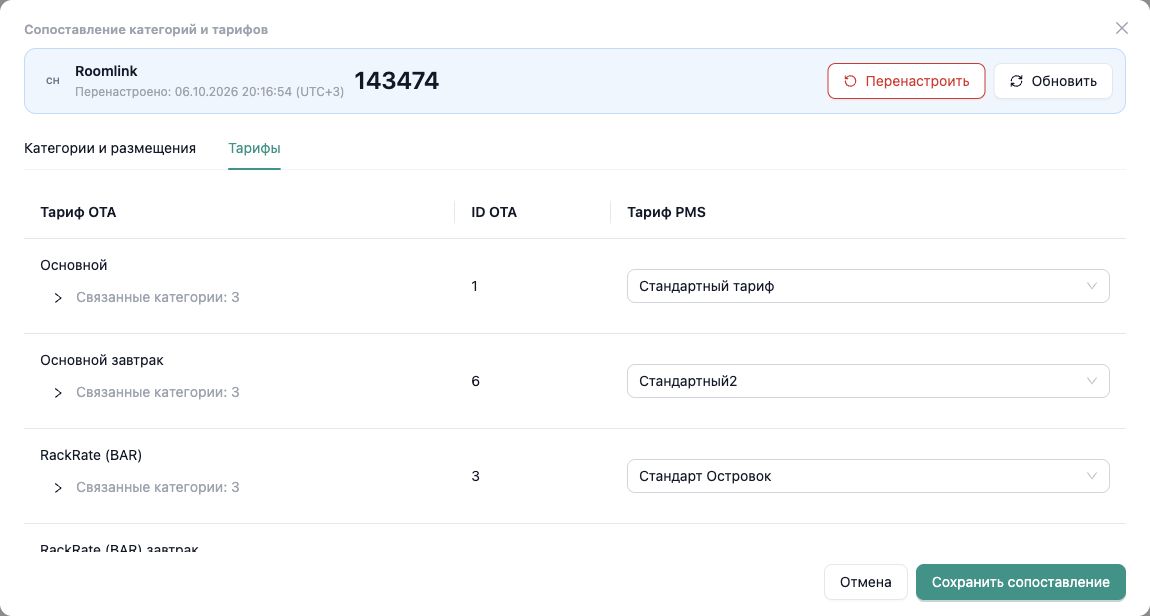 Сопоставление тарифов Roomlink в InnSYNC