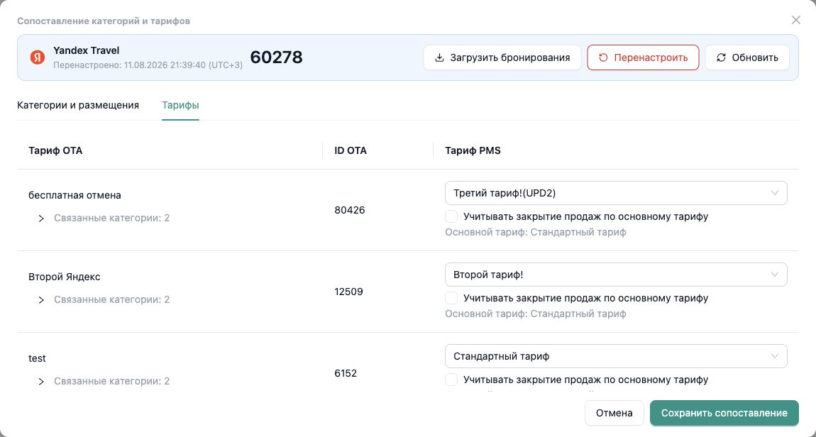 Сопоставление тарифов Yandex Travel в InnSYNC